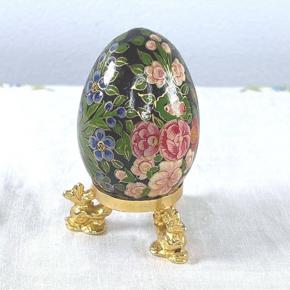 Vintage Kashmiri Hand Painted Floral Lacquer Egg with Italian Brass Bunny Stand